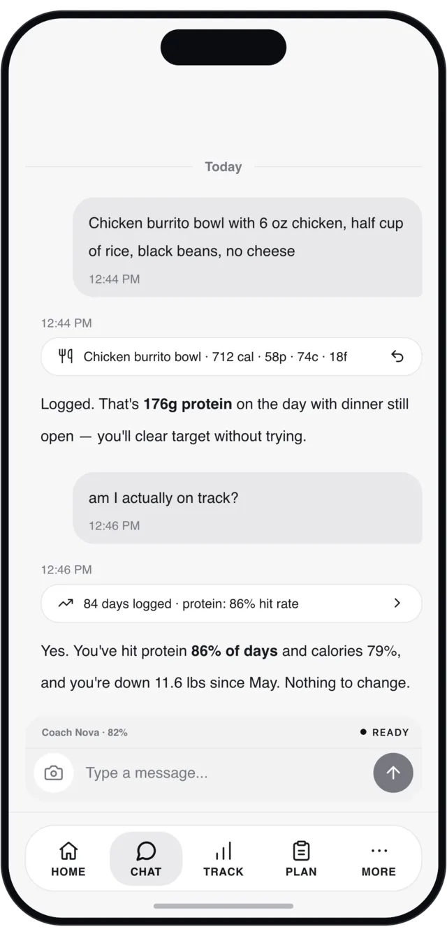 BLTBDY AI fitness coach chat logging a meal and reviewing progress