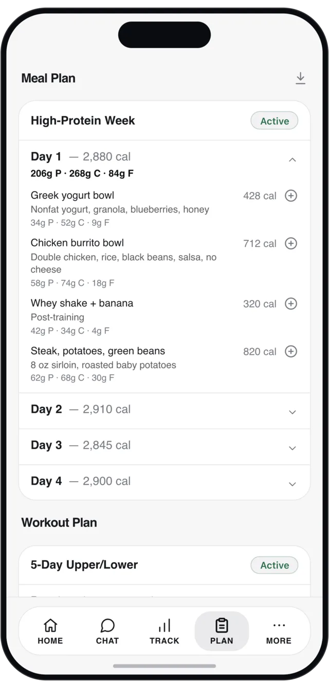 BLTBDY meal and workout plans with one-touch logging