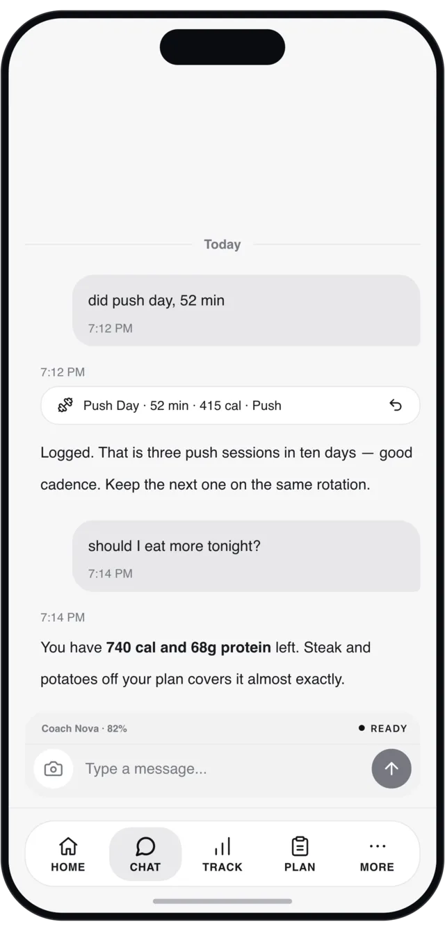 BLTBDY logging a workout in chat