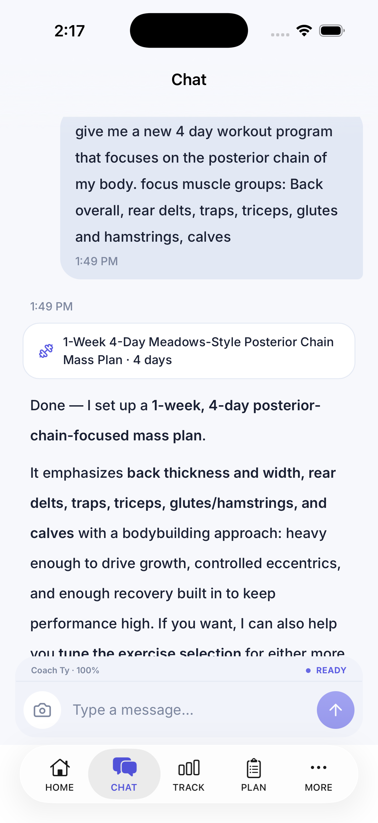 BLTBDY coach chat generating a workout plan