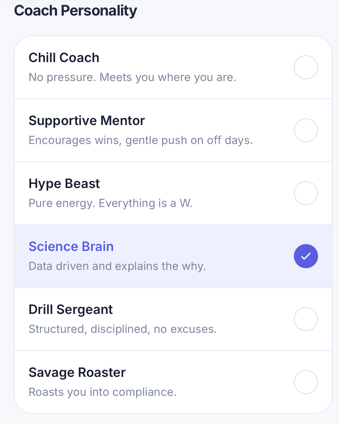 BLTBDY coach personality settings