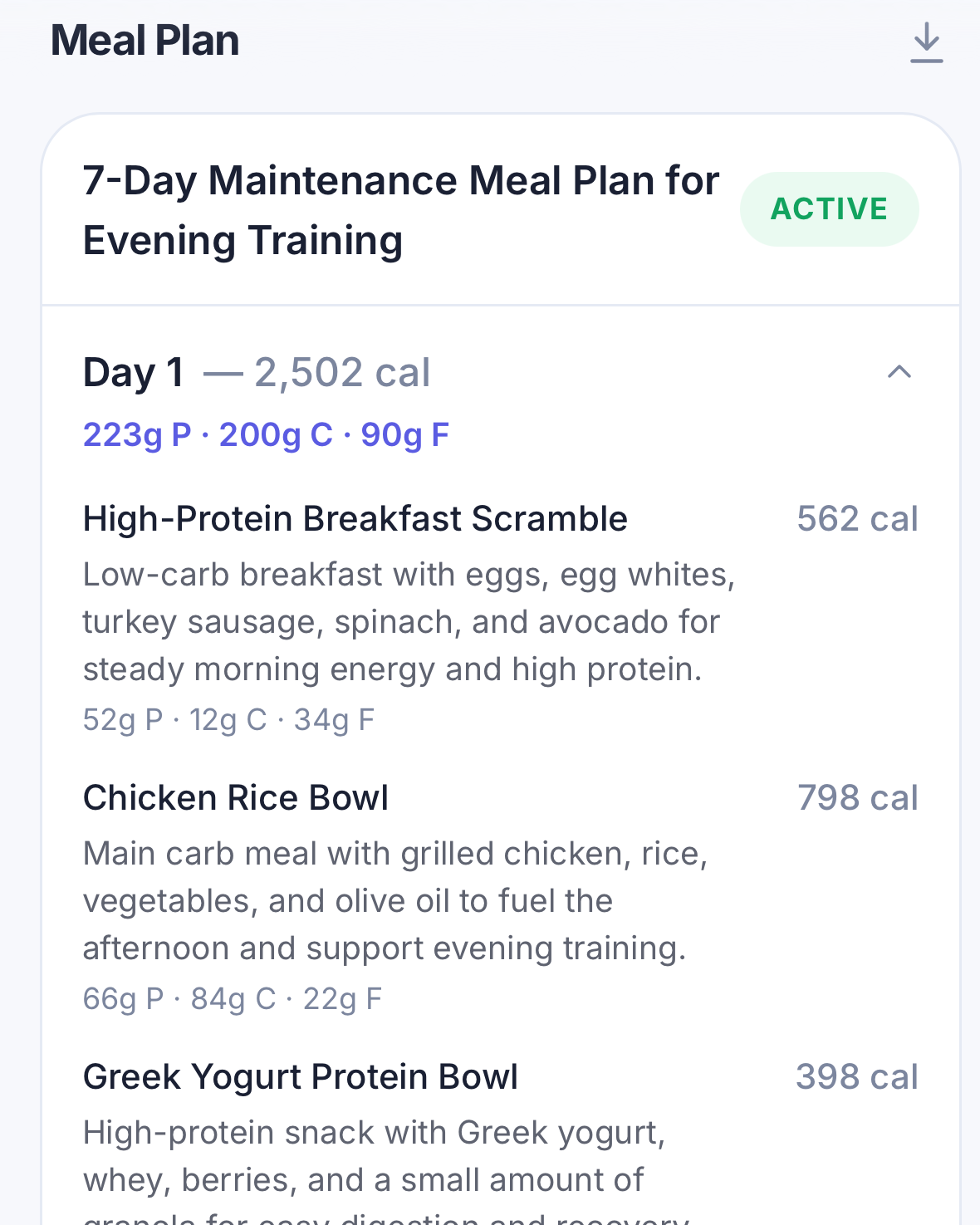 BLTBDY meal plan screen